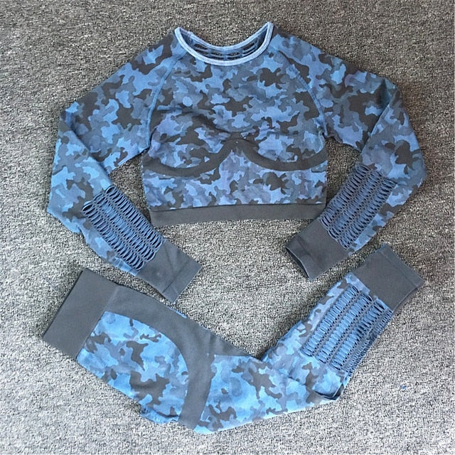2PCS Camouflage Set Women Yoga Suit Sport Set Gym Workout Clothes Long Sleeve Fitness Crop Top High Waist Seamless Camo Leggings - Virtual Blue Store