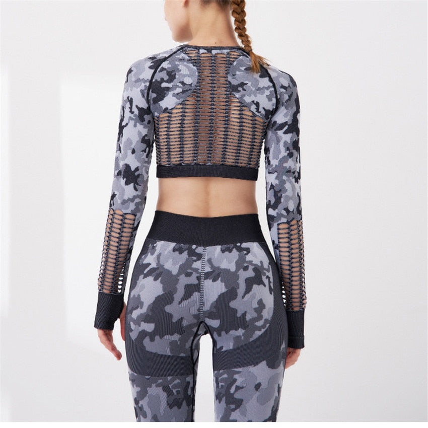 2PCS Camouflage Set Women Yoga Suit Sport Set Gym Workout Clothes Long Sleeve Fitness Crop Top High Waist Seamless Camo Leggings - Virtual Blue Store