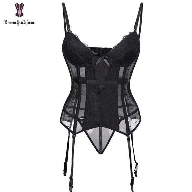 Eyelash Lace Stretchy Boned Corset Floral Patchwork Corsets Spaghetti Straps Women Lingerie Lace Trimmer Bustier Red Black Blue - Virtual Blue Store