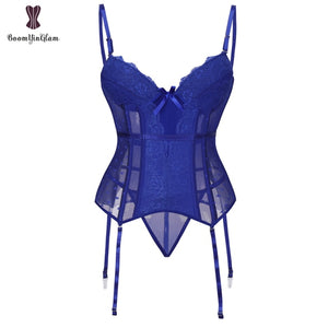 Eyelash Lace Stretchy Boned Corset Floral Patchwork Corsets Spaghetti Straps Women Lingerie Lace Trimmer Bustier Red Black Blue - Virtual Blue Store