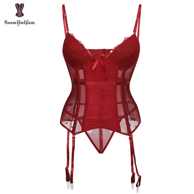 Eyelash Lace Stretchy Boned Corset Floral Patchwork Corsets Spaghetti Straps Women Lingerie Lace Trimmer Bustier Red Black Blue - Virtual Blue Store