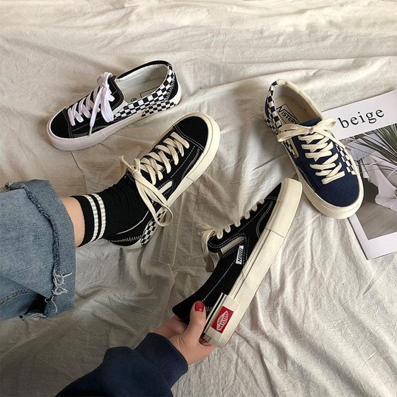 New Women Shoes Black and White Plaid Canvas Lovers Shoes  Han edition Leisrue Tenis Sandals Lace-up Breathable Sneakers Femme - Virtual Blue Store