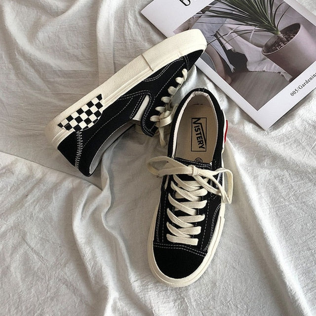 New Women Shoes Black and White Plaid Canvas Lovers Shoes  Han edition Leisrue Tenis Sandals Lace-up Breathable Sneakers Femme - Virtual Blue Store