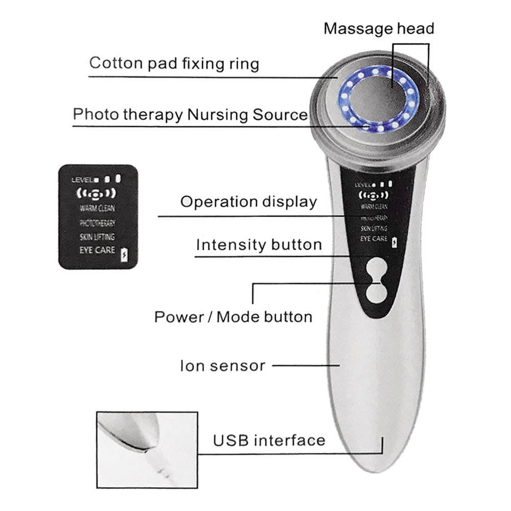 5 in 1 Face Massager LED Skin Tightening Mesotherapy Facial Skin Care Face Skin Rejuvenation Remover Wrinkle - Virtual Blue Store