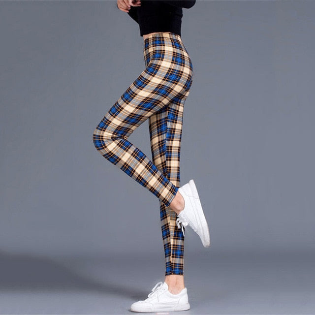 Women Leggings Grid Print Exercise Fitness Leggins Elasticity Plaid Push Up Legging Female Sexy Trousers Plus Size Pants - Virtual Blue Store