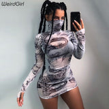 Women dragon print mesh Sexy Dresses see through full Sleeve turtleneck Bodycon Dress Fashion Club Party new autumn