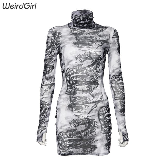 Women dragon print mesh Sexy Dresses see through full Sleeve turtleneck Bodycon Dress Fashion Club Party new autumn - Virtual Blue Store