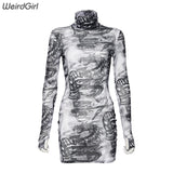 Women dragon print mesh Sexy Dresses see through full Sleeve turtleneck Bodycon Dress Fashion Club Party new autumn - Virtual Blue Store
