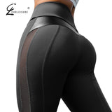 CHRLEISURE High Waist Fitness Leggings Women for Legging Workout Women Mesh And PU Leather Patchwork Legging - Virtual Blue Store