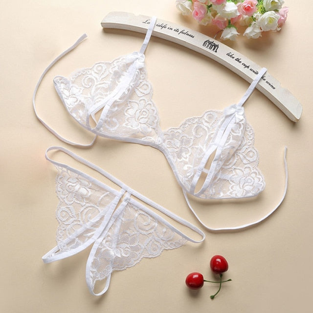 Sexy Cutout Underwear Lace Corset Women Bra Set Cross Bandage Deep V Hot Erotic Lingerie One Piece Halter Open Sexy Lingerie Set - Virtual Blue Store