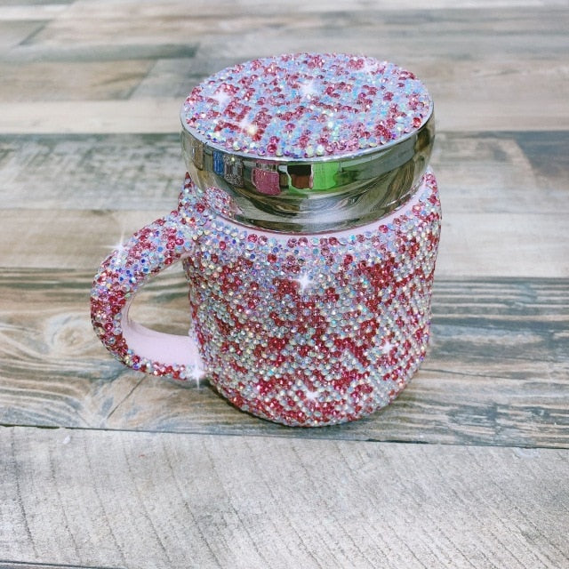 Sparkling Coffee Mug with Lid Ceramic Crystal Rhinestones Tumbler Cup Long Distance Relationship Gifts Milk Water Cups Cute - Virtual Blue Store