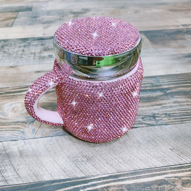 Sparkling Coffee Mug with Lid Ceramic Crystal Rhinestones Tumbler Cup Long Distance Relationship Gifts Milk Water Cups Cute - Virtual Blue Store