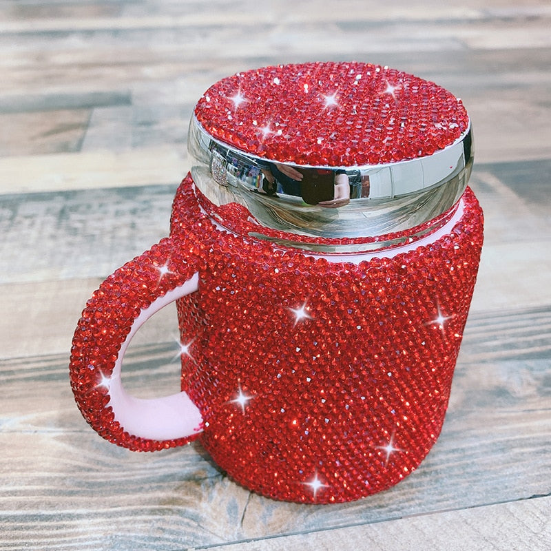 Sparkling Coffee Mug with Lid Ceramic Crystal Rhinestones Tumbler Cup Long Distance Relationship Gifts Milk Water Cups Cute - Virtual Blue Store