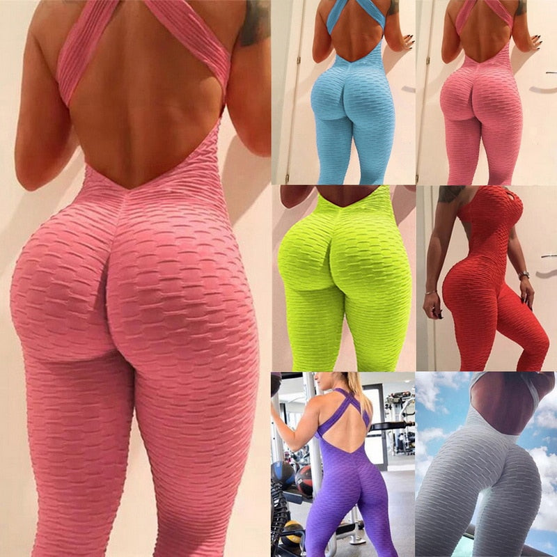 Women  Sports Yoga Set Siamese High Waist Hips Trousers Halter Top  Bandage Yoga Jumpsuit Fitness Tracksuit - Virtual Blue Store