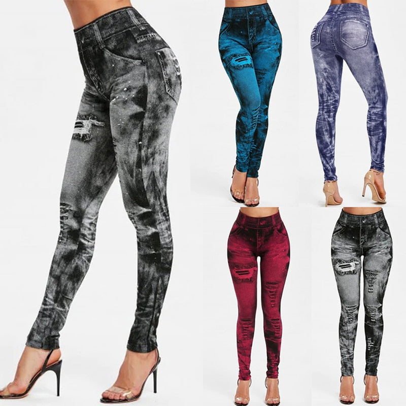 Women Gym Leggings Faux Denim Jeans Leggings Pocket Printing Leggings Casual High Waist Pencil Pants Plus Pants - Virtual Blue Store