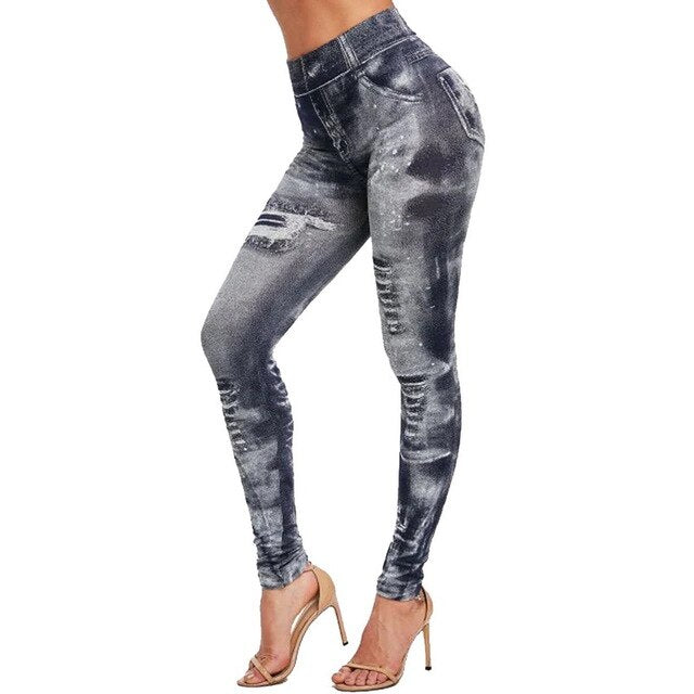 Women Gym Leggings Faux Denim Jeans Leggings Pocket Printing Leggings Casual High Waist Pencil Pants Plus Pants - Virtual Blue Store