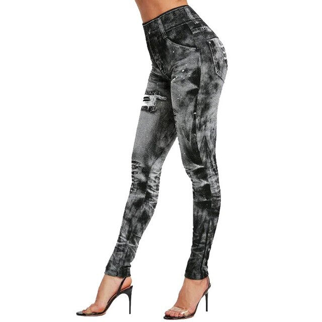 Women Gym Leggings Faux Denim Jeans Leggings Pocket Printing Leggings Casual High Waist Pencil Pants Plus Pants - Virtual Blue Store