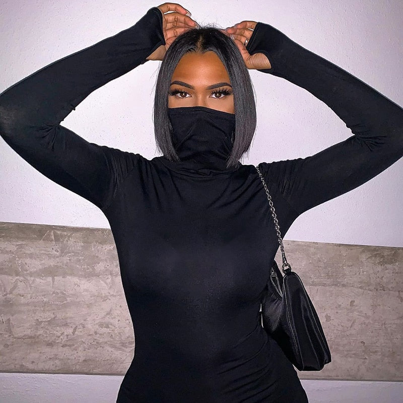 InsGoth Harajuku Turtleneck Black Dress Gothic Bodycon Long Sleeve Mini Dress Streetwear Punk Long Sleeve High Waist Dresses - Virtual Blue Store