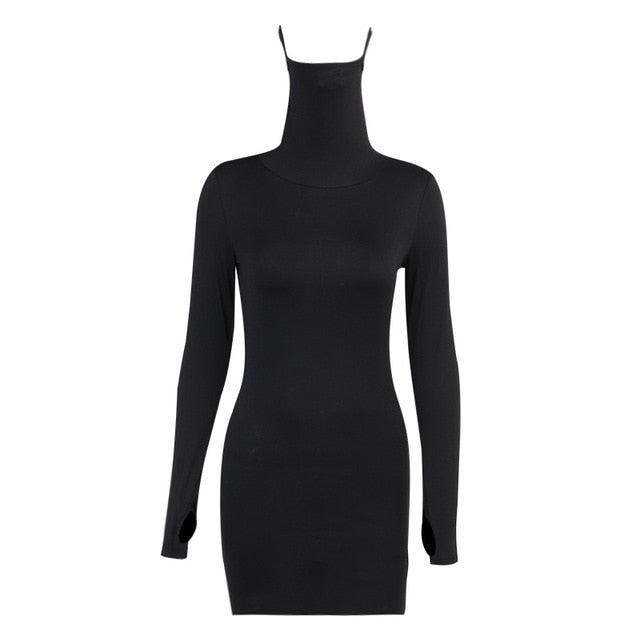 InsGoth Harajuku Turtleneck Black Dress Gothic Bodycon Long Sleeve Mini Dress Streetwear Punk Long Sleeve High Waist Dresses - Virtual Blue Store