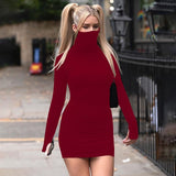 InsGoth Harajuku Turtleneck Black Dress Gothic Bodycon Long Sleeve Mini Dress Streetwear Punk Long Sleeve High Waist Dresses - Virtual Blue Store