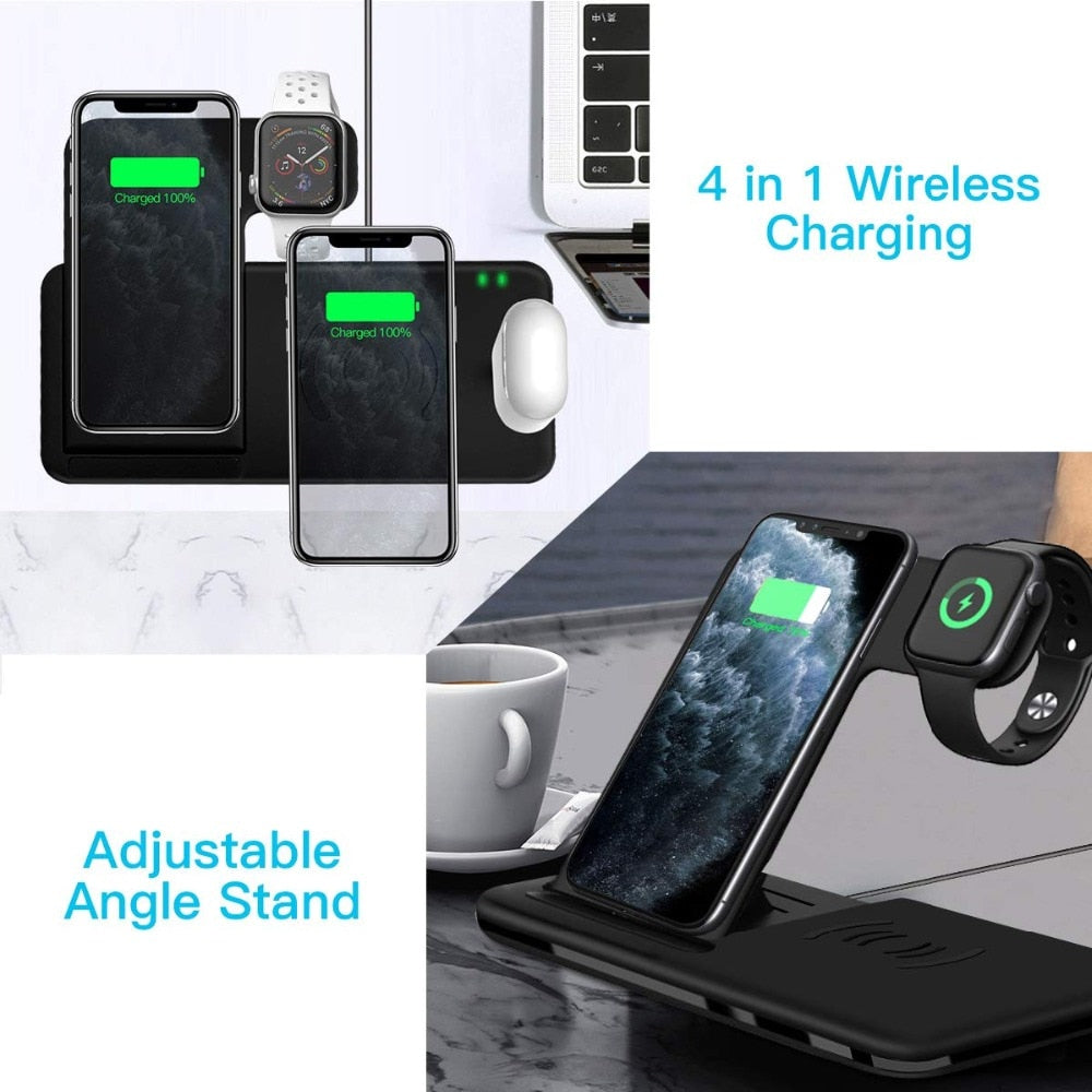 15W Qi Fast Wireless Charger Stand For iPhone 11 XR X 8 Apple Watch 4 in 1 Foldable Charging Dock Station for Airpods Pro iWatch - Virtual Blue Store