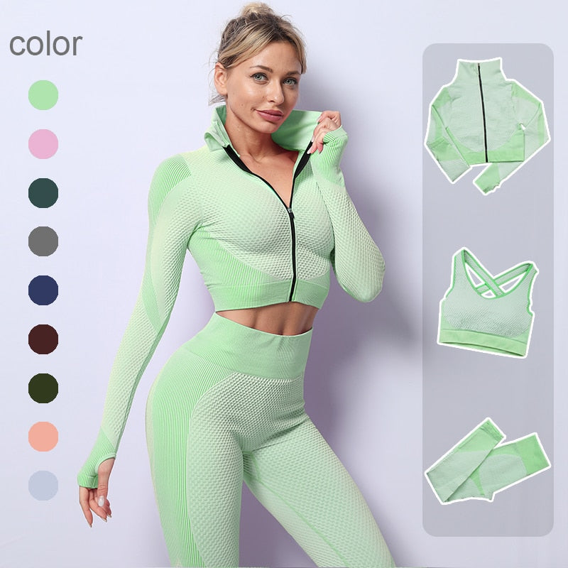 2/3PCS Seamless Women Yoga Set Workout Sportswear Gym Clothing Fitness Long Sleeve Crop Top High Waist Leggings Sports Suits - Virtual Blue Store
