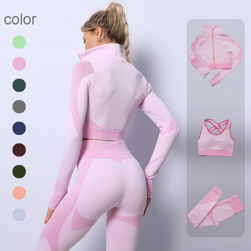 2/3PCS Seamless Women Yoga Set Workout Sportswear Gym Clothing Fitness Long Sleeve Crop Top High Waist Leggings Sports Suits - Virtual Blue Store