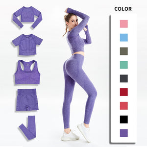 Women Seamless Yoga Set  Gym SportWear  Running  Outwork Clothing Fitness  Long  SLeeve Shirt High Waist Legging Sport Tracksuit - Virtual Blue Store