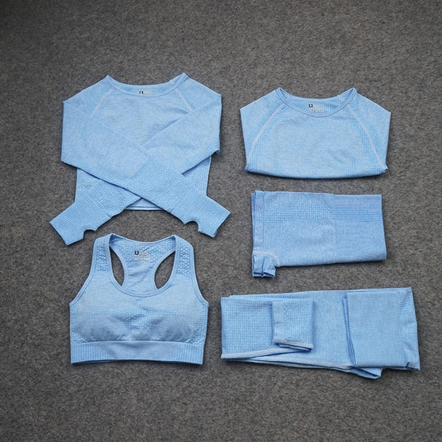 Women Seamless Yoga Set  Gym SportWear  Running  Outwork Clothing Fitness  Long  SLeeve Shirt High Waist Legging Sport Tracksuit - Virtual Blue Store