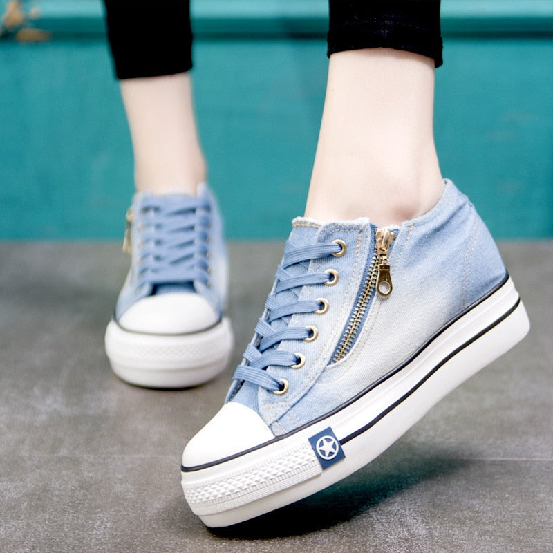 Spring Denim Canvas Shoes Female Korean Version Thick Bottom Shoes Women Shoe Canvas Shoes Lace Up Sneakers Plus Size 41 - Virtual Blue Store