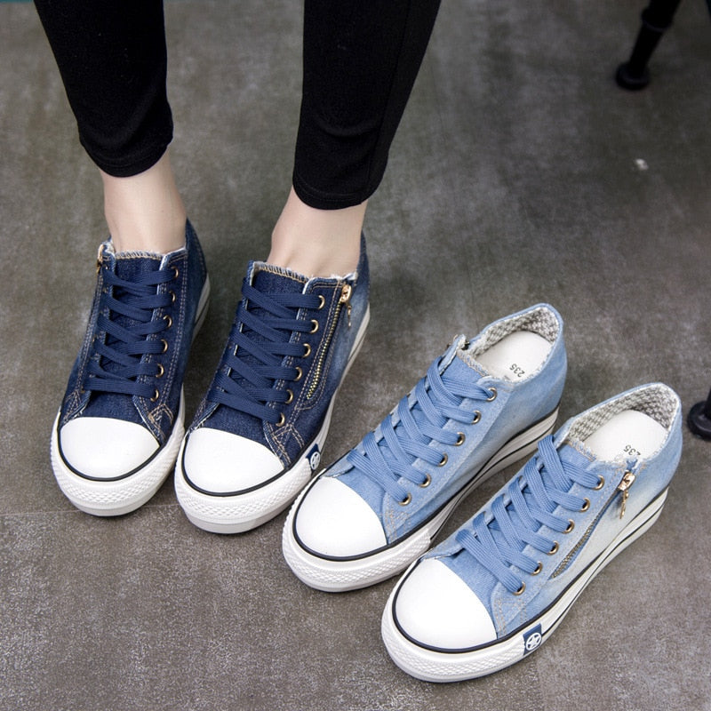 Spring Denim Canvas Shoes Female Korean Version Thick Bottom Shoes Women Shoe Canvas Shoes Lace Up Sneakers Plus Size 41 - Virtual Blue Store