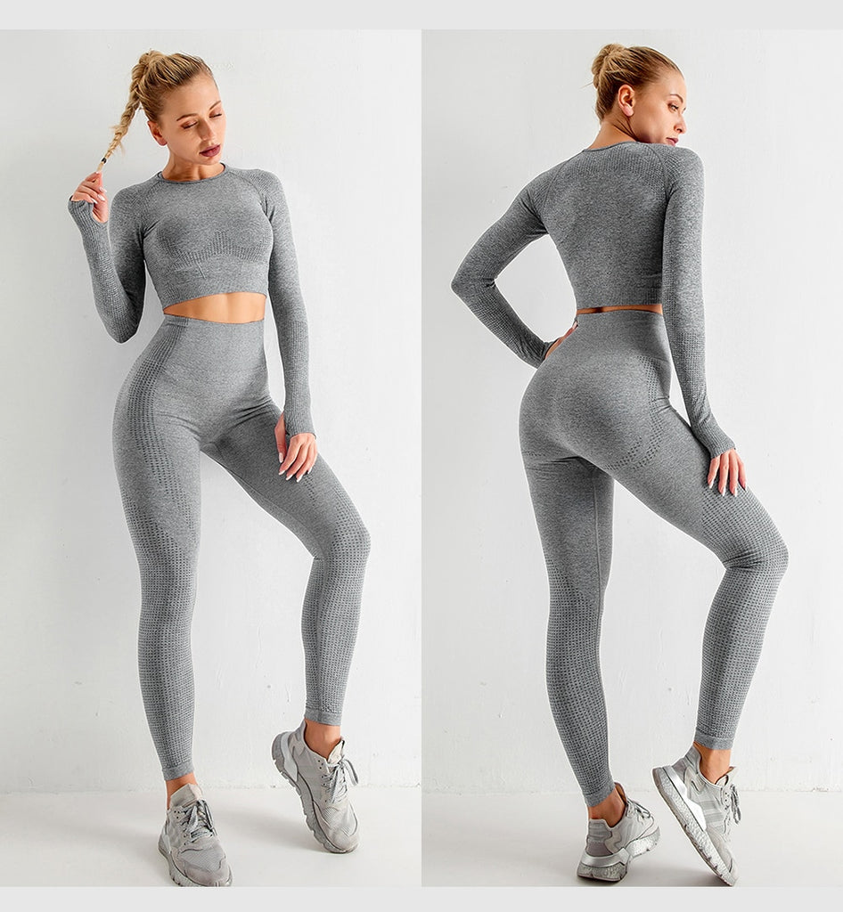2/3/5PCS Seamless Women Yoga Set Workout Sportswear Gym Clothing Fitness Long Sleeve Crop Top High Waist Leggings Sports Suits - Virtual Blue Store