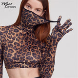 Leopard Print Woman Tshirts With Mask Gloves Chic Casual Y2k Top Long Sleeve Stretchy Shirt Female Fashion Tees Harajuku