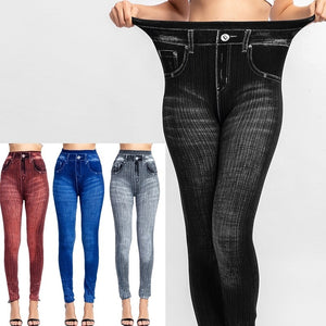 High Waist Faux Jean Leggings Slim Elastic Seamless Plus Size Skinny Pencil Pants Female Pocket Workout Running Leggings - Virtual Blue Store