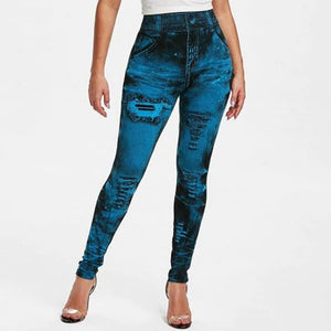 High Waist Faux Jean Leggings Slim Elastic Seamless Plus Size Skinny Pencil Pants Female Pocket Workout Running Leggings - Virtual Blue Store
