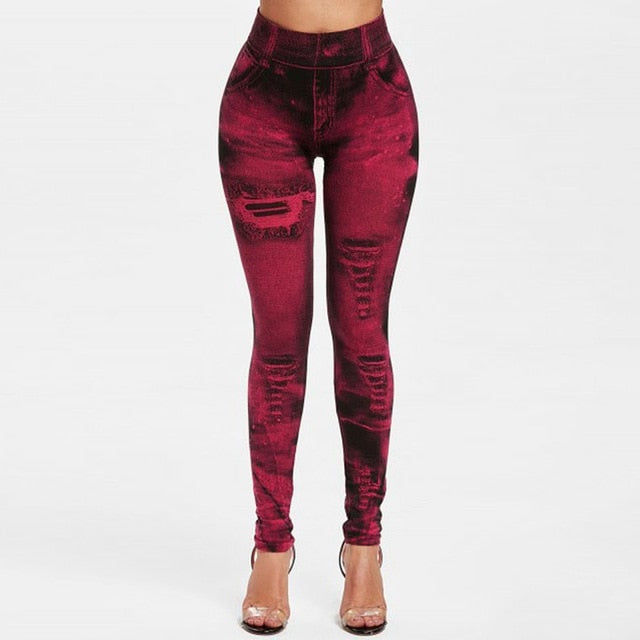 High Waist Faux Jean Leggings Slim Elastic Seamless Plus Size Skinny Pencil Pants Female Pocket Workout Running Leggings - Virtual Blue Store