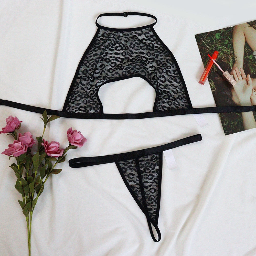 Women's 2pcs Sexy Erotic Lingerie Underwear set Mesh European Clothing 2020 American Apparel Leopard Print Hollow Out G-String - Virtual Blue Store