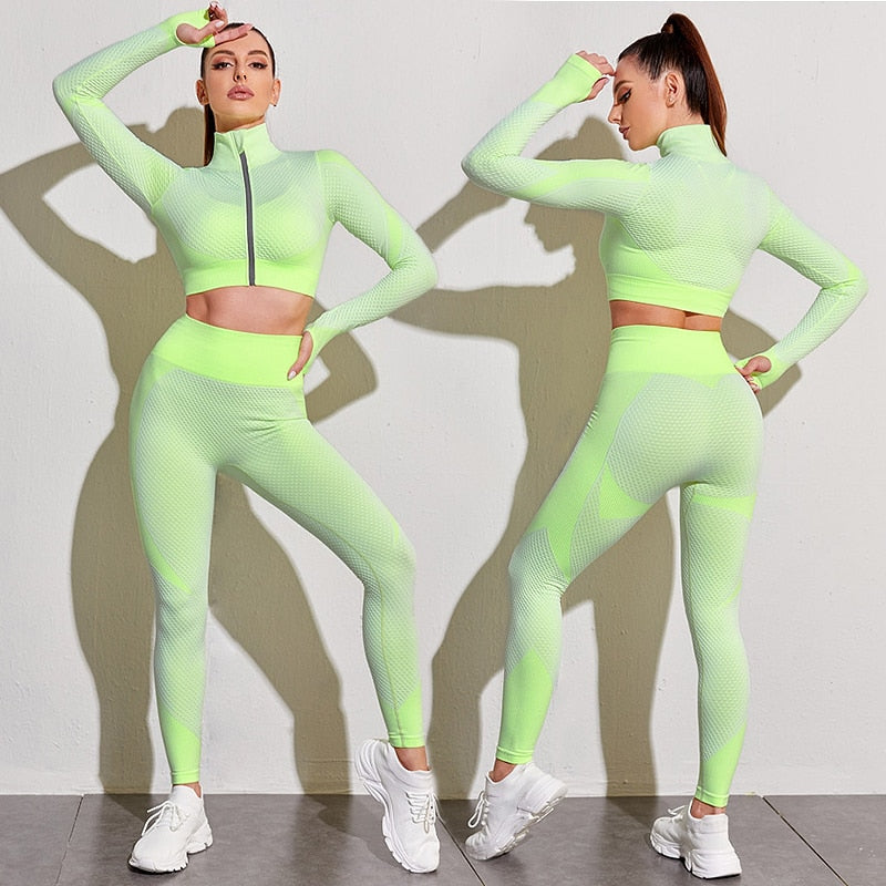 2/3PCS Seamless Women Yoga Set Workout Sportswear Gym Clothing Fitness Long Sleeve Crop Top High Waist Leggings Sports Suits - Virtual Blue Store
