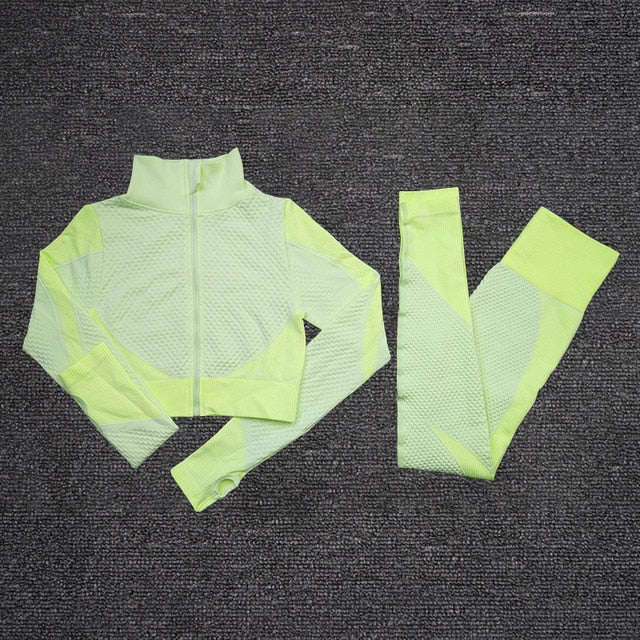 2/3PCS Seamless Women Yoga Set Workout Sportswear Gym Clothing Fitness Long Sleeve Crop Top High Waist Leggings Sports Suits - Virtual Blue Store