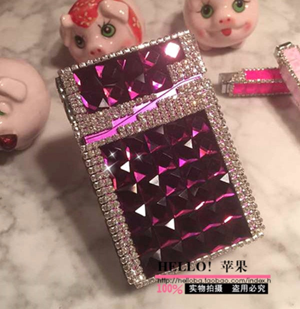 84mm Cigarette Handmade Sticky Rhinestones Metal Cigarettes Case Box With USB Chargeable Lighter - Virtual Blue Store