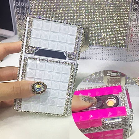 84mm Cigarette Handmade Sticky Rhinestones Metal Cigarettes Case Box With USB Chargeable Lighter - Virtual Blue Store