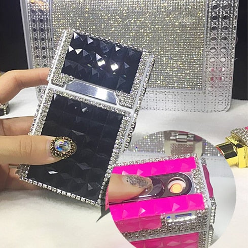 84mm Cigarette Handmade Sticky Rhinestones Metal Cigarettes Case Box With USB Chargeable Lighter - Virtual Blue Store