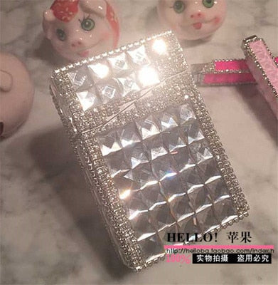 84mm Cigarette Handmade Sticky Rhinestones Metal Cigarettes Case Box With USB Chargeable Lighter - Virtual Blue Store