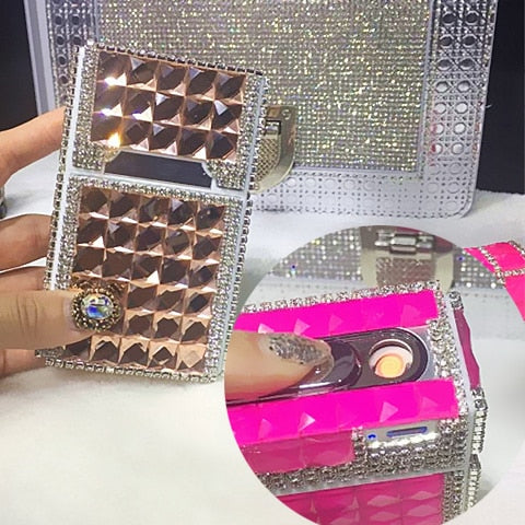 84mm Cigarette Handmade Sticky Rhinestones Metal Cigarettes Case Box With USB Chargeable Lighter - Virtual Blue Store