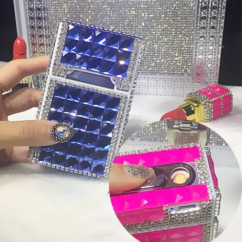 84mm Cigarette Handmade Sticky Rhinestones Metal Cigarettes Case Box With USB Chargeable Lighter - Virtual Blue Store
