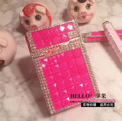 84mm Cigarette Handmade Sticky Rhinestones Metal Cigarettes Case Box With USB Chargeable Lighter - Virtual Blue Store