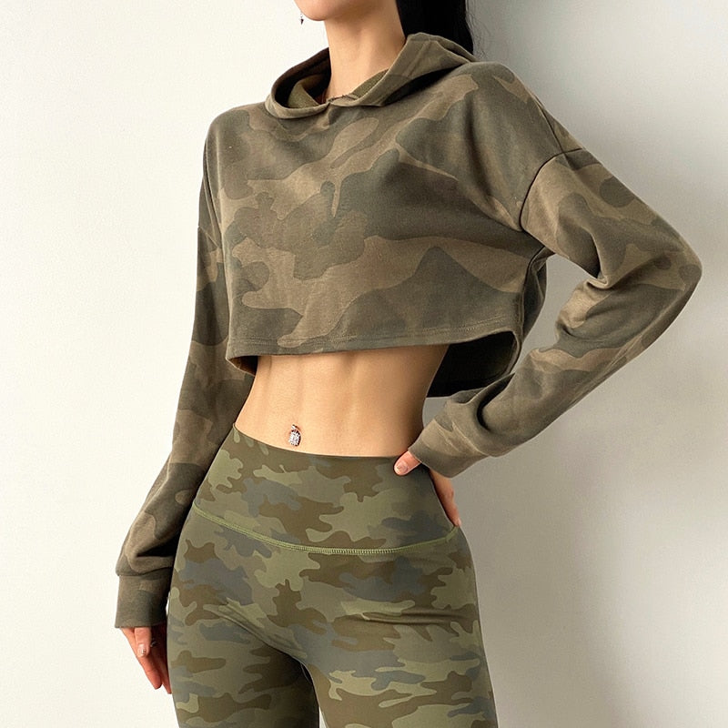 Women Camouflage Running Jacket Hooded Gym Sport Sweatshirts Femme Jogger Fitness Hoodie Long Sleeve Yoga Shirts Crop Top - Virtual Blue Store