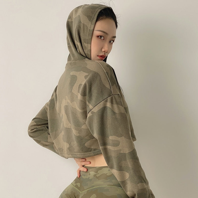 Women Camouflage Running Jacket Hooded Gym Sport Sweatshirts Femme Jogger Fitness Hoodie Long Sleeve Yoga Shirts Crop Top - Virtual Blue Store