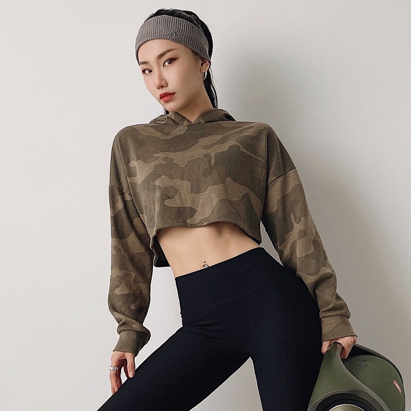 Women Camouflage Running Jacket Hooded Gym Sport Sweatshirts Femme Jogger Fitness Hoodie Long Sleeve Yoga Shirts Crop Top - Virtual Blue Store