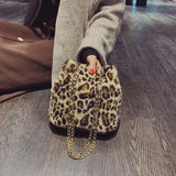 Fashion Leopard Plush Messenger Bags Women Winter Chain Bucket Shoulder Handbag Popular Simple Female Daily Bag - Virtual Blue Store